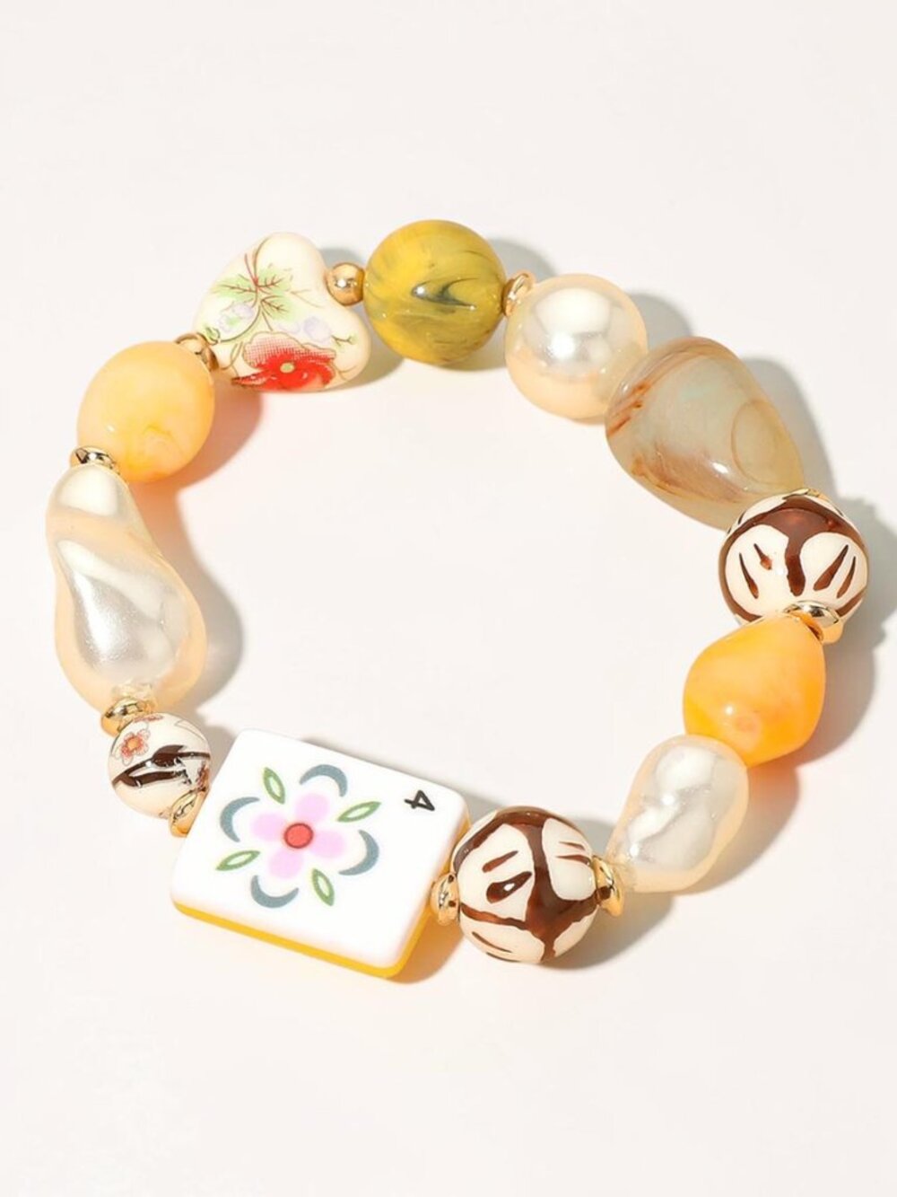 Mahjong Tile Bracelet Yellow Chunky Beaded Pearl Heart Stretch Bracelet NWT